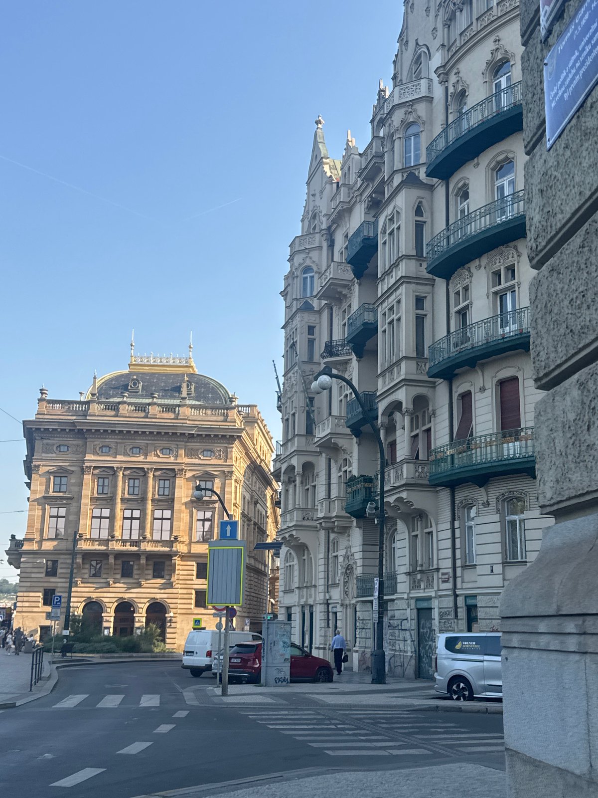 Prague's National Theatre and surrounding streets on a clear morning