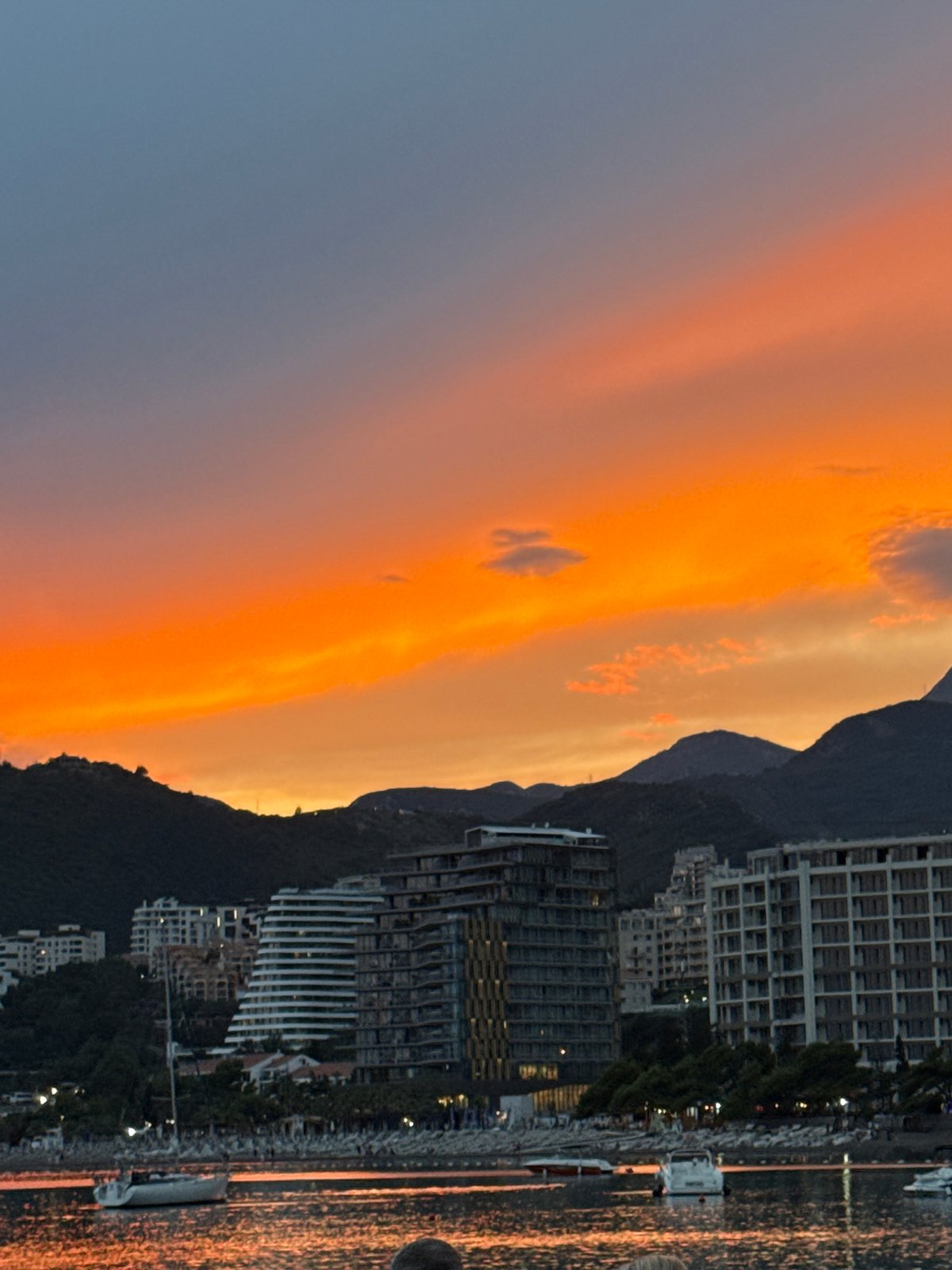 Sunset sweeps the Montenegrin Riviera from Budva to Bečići