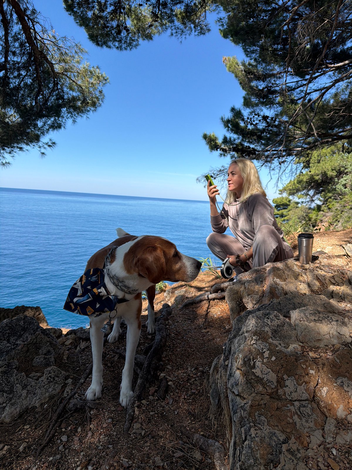 Morning coastal walk with dog documented in Petrovac, Montenegro