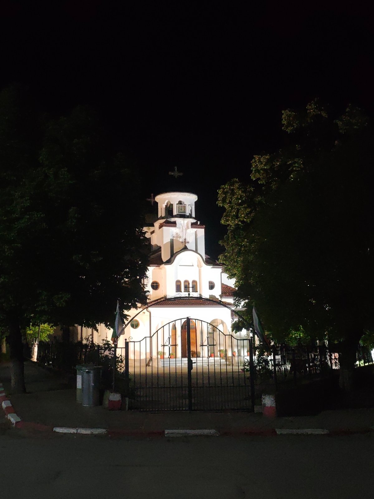 Orthodox church illuminated at night, framed by trees