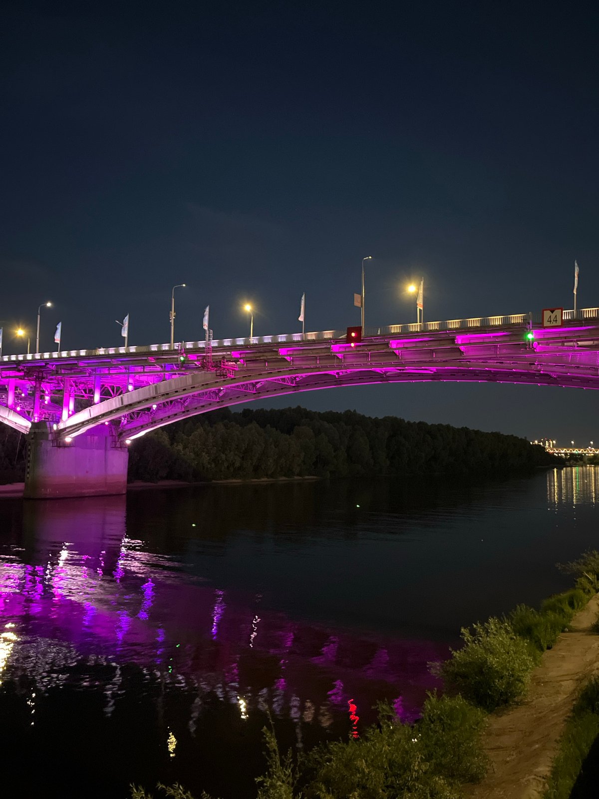 Nizhny Novgorod bridges illuminated at night along the Volga