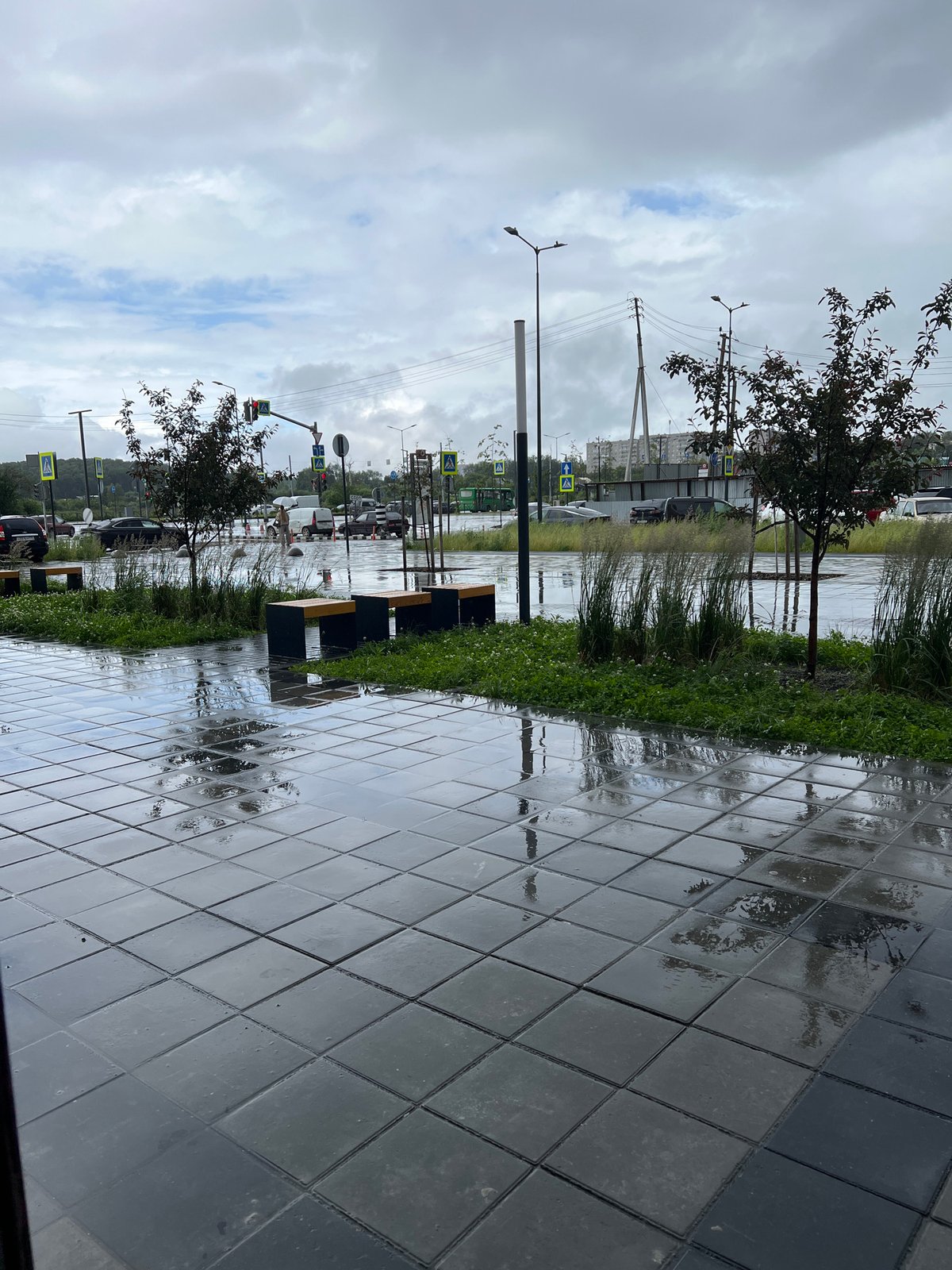 Rainy early morning on the wet streets of Yekaterinburg