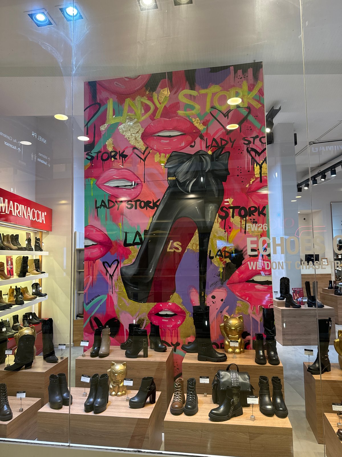 Marinaccia shoe store displays women's boots in Buenos Aires