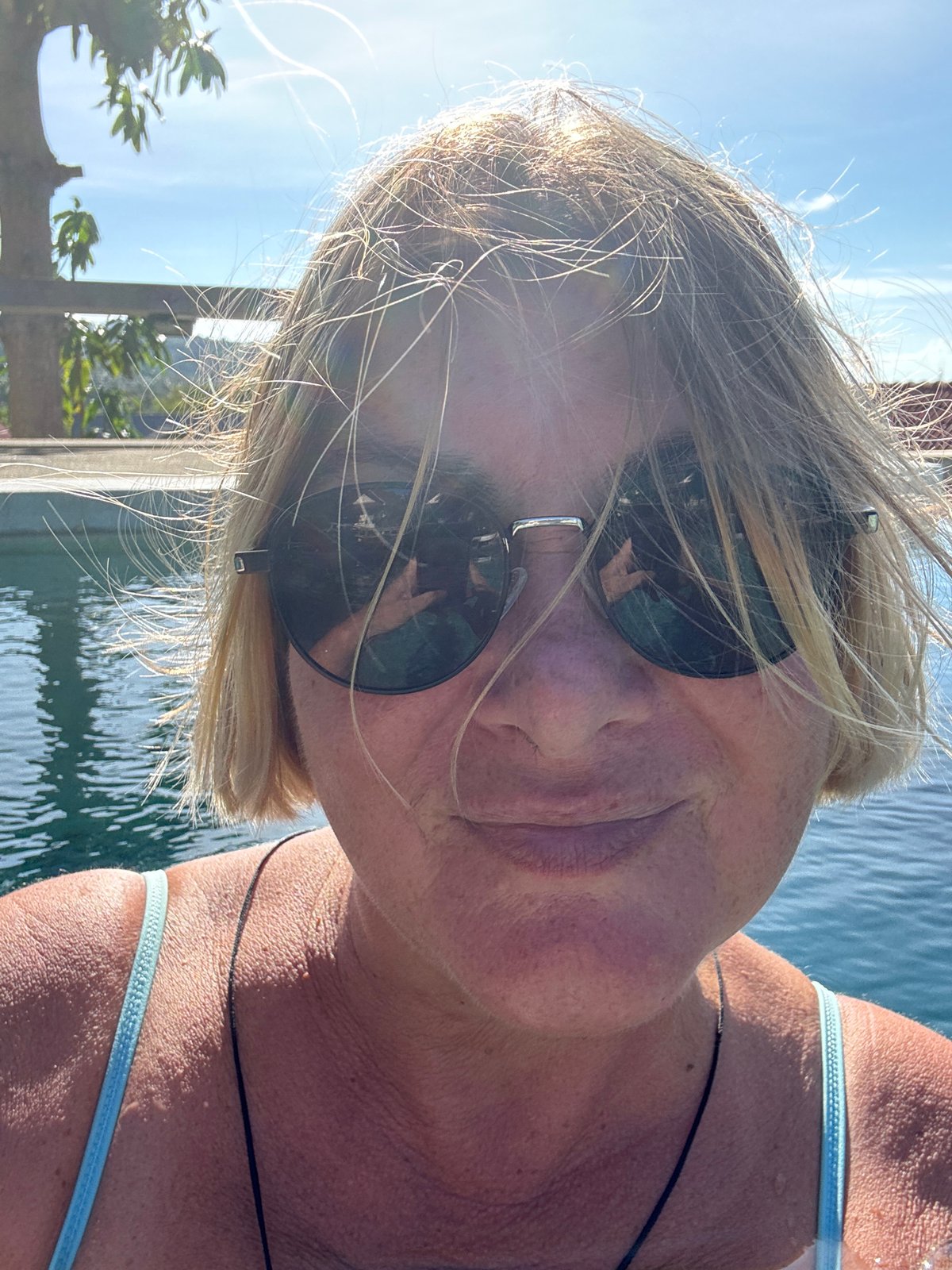 Poolside morning at a tropical resort, selfies and durian included