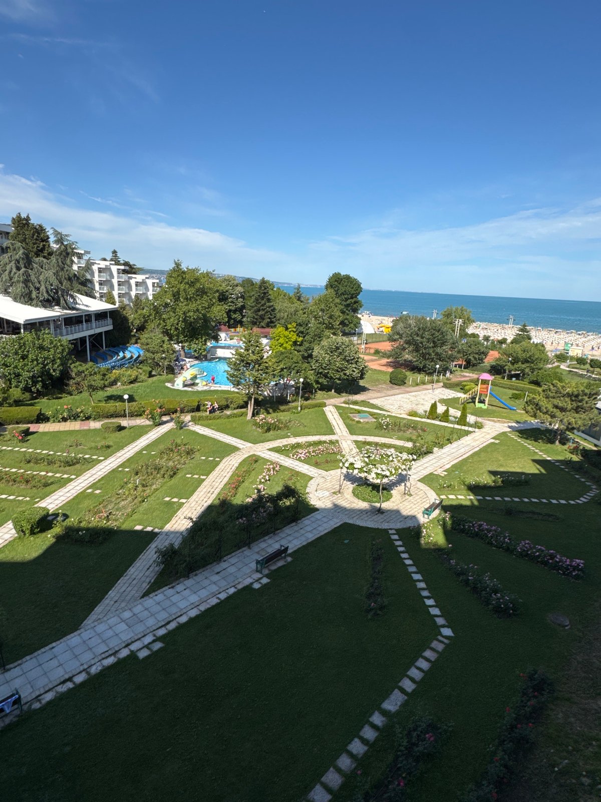 Black Sea resort in bloom on a sunny Bulgarian afternoon