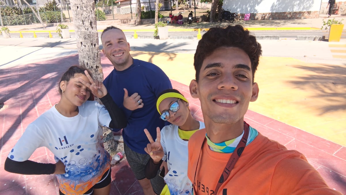 Four friends take selfie at Playa El Agua beach
