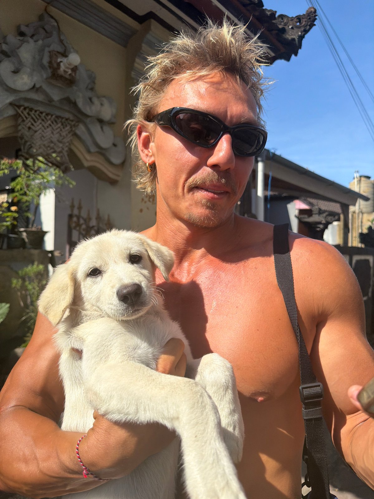 Tourist plays with white puppy in Mengwi, Indonesia