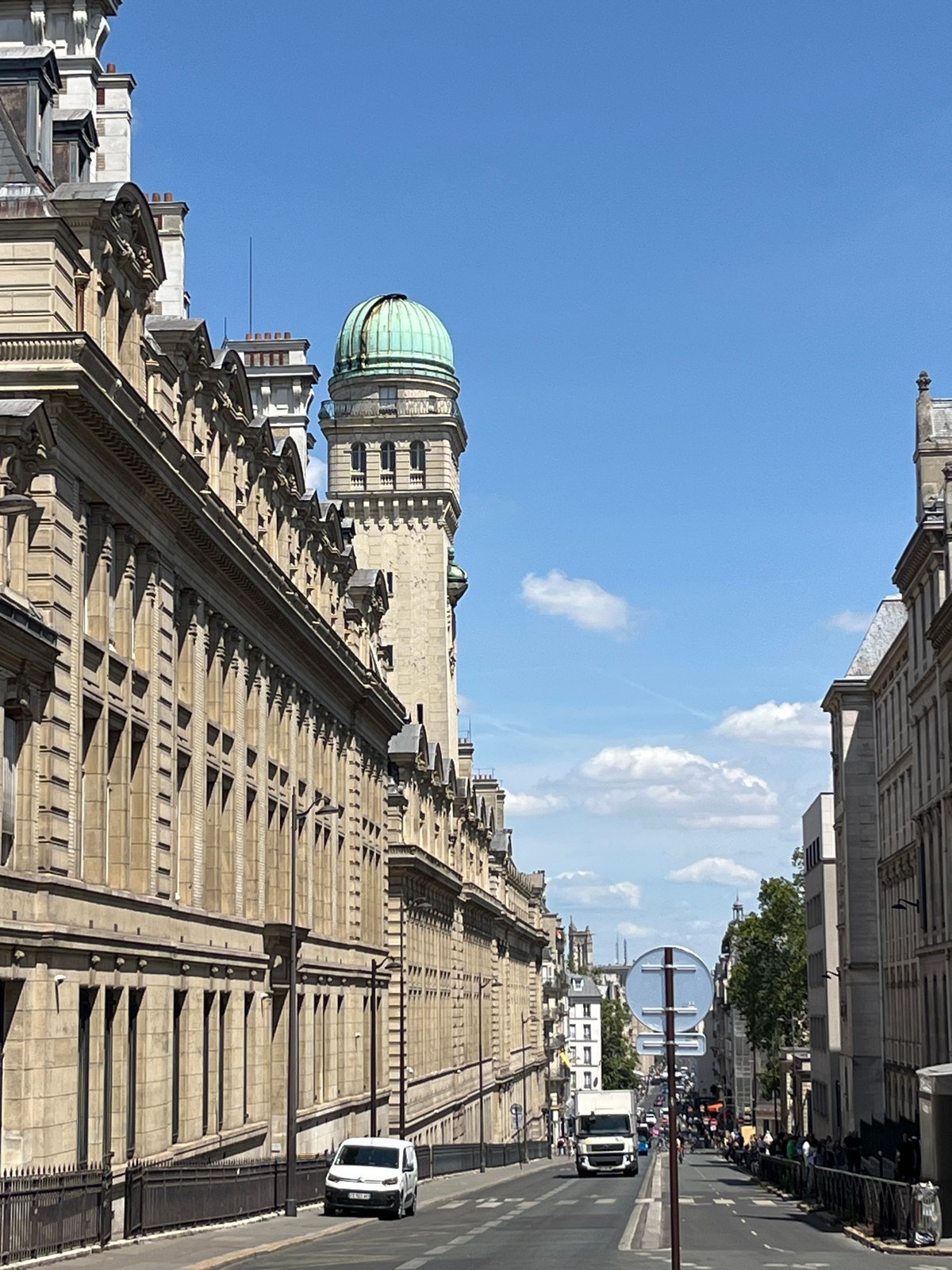 Paris Latin Quarter institutions on a clear summer morning
