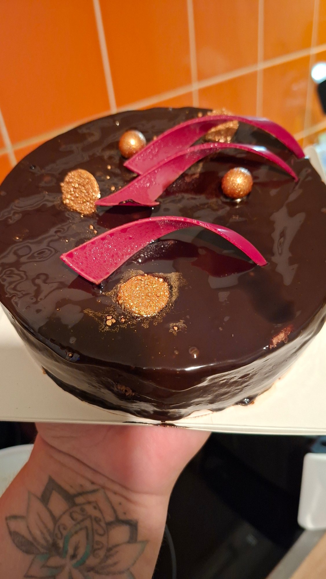 Chocolate cherry cake presentation in Tallinn