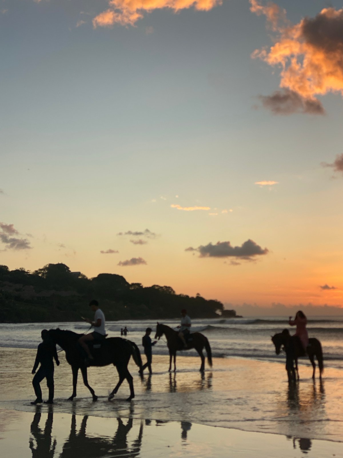 Horses on wet sand at sunset, Kuta Selatan beach.