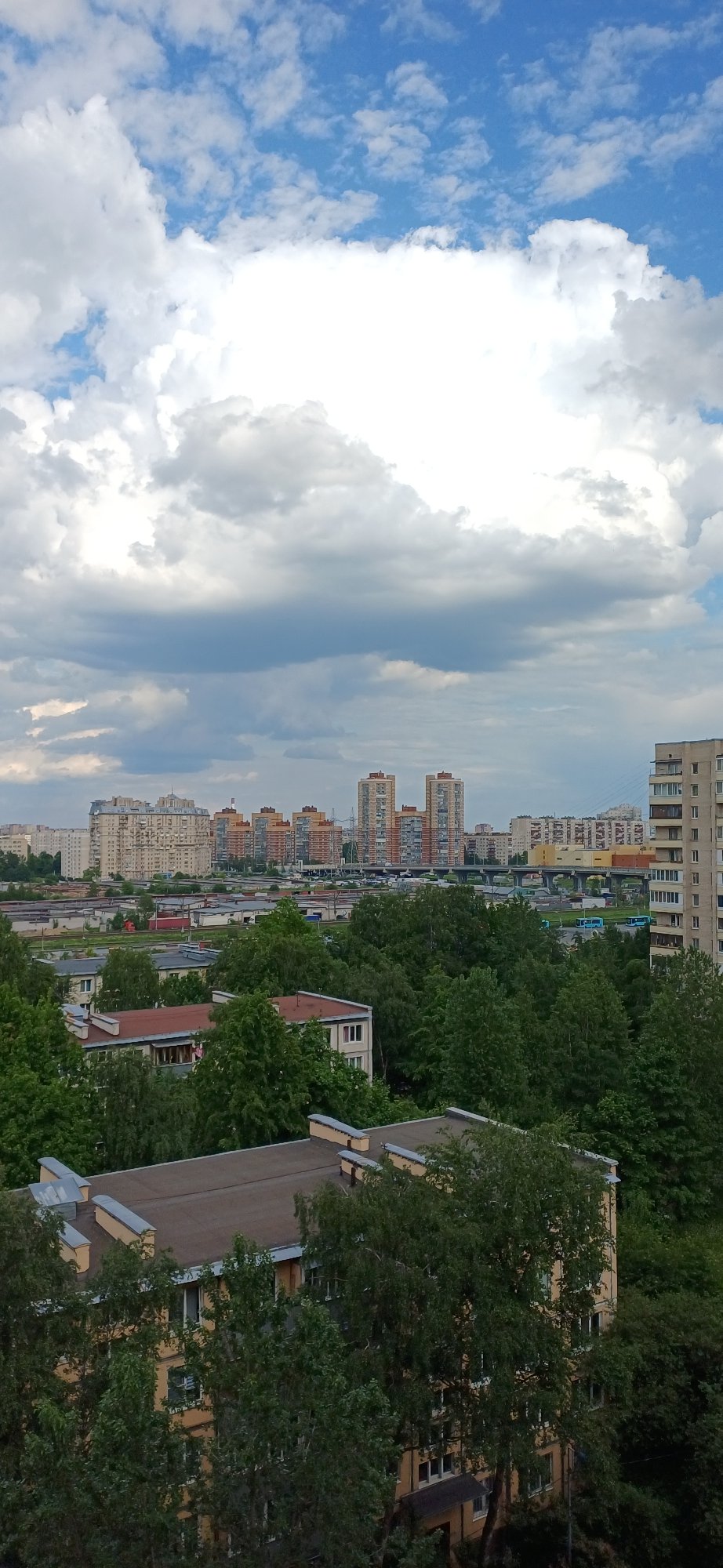 Elevated view captures Saint Petersburg skyline under cloudy skies