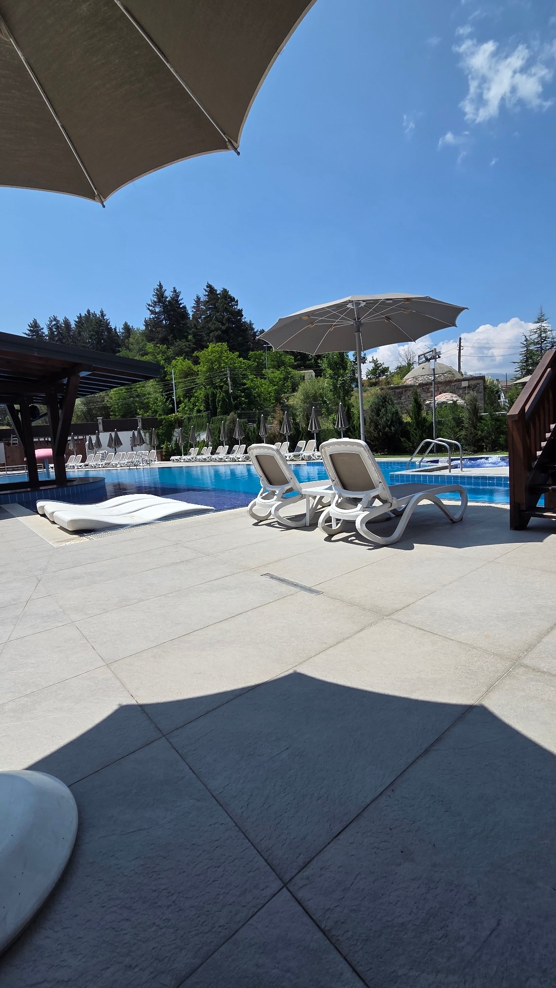 Poolside morning at a resort in Bania, Bulgaria