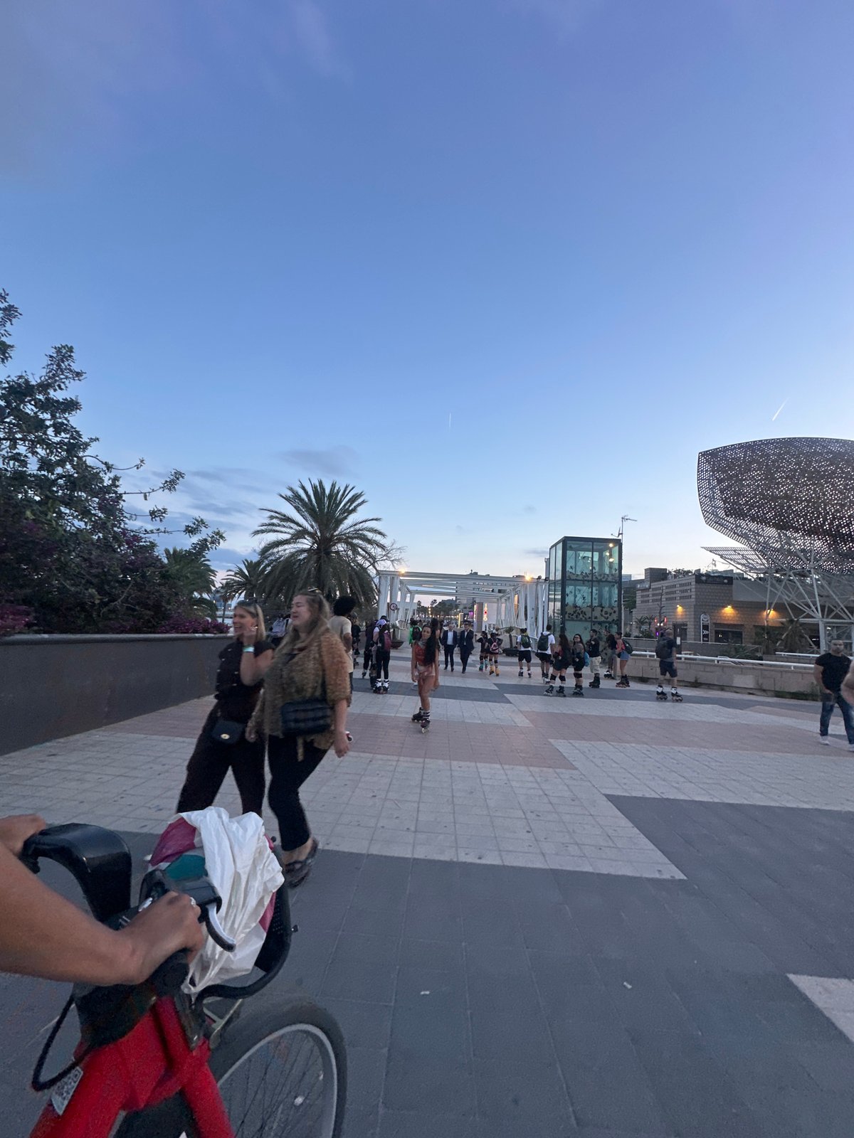Evening recreation captured at Barcelona's Port Olímpic waterfront promenade
