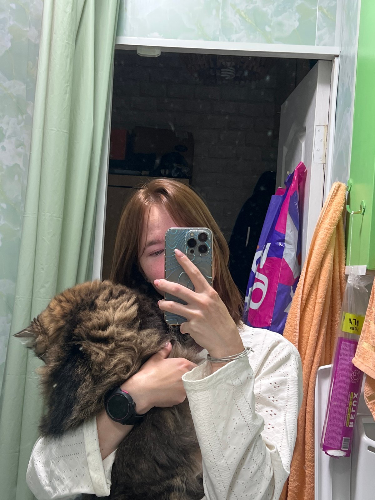 Woman takes mirror selfies with cat in Chaikovsky bathroom