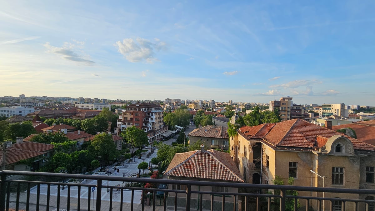 Daytime cityscape captured in Haskovo, Bulgaria under partly cloudy skies