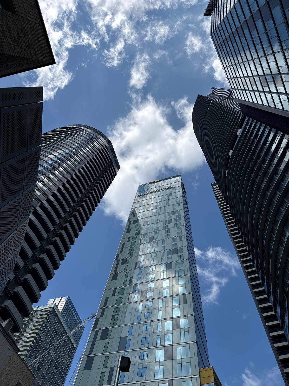 London high-rises photographed against clear blue sky