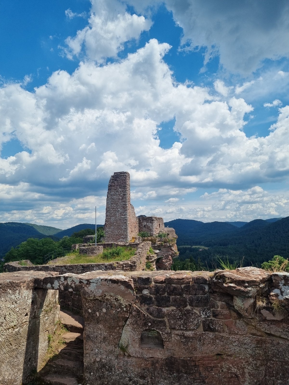 Medieval castle ruins on a sandstone hilltop in Dahn, Germany