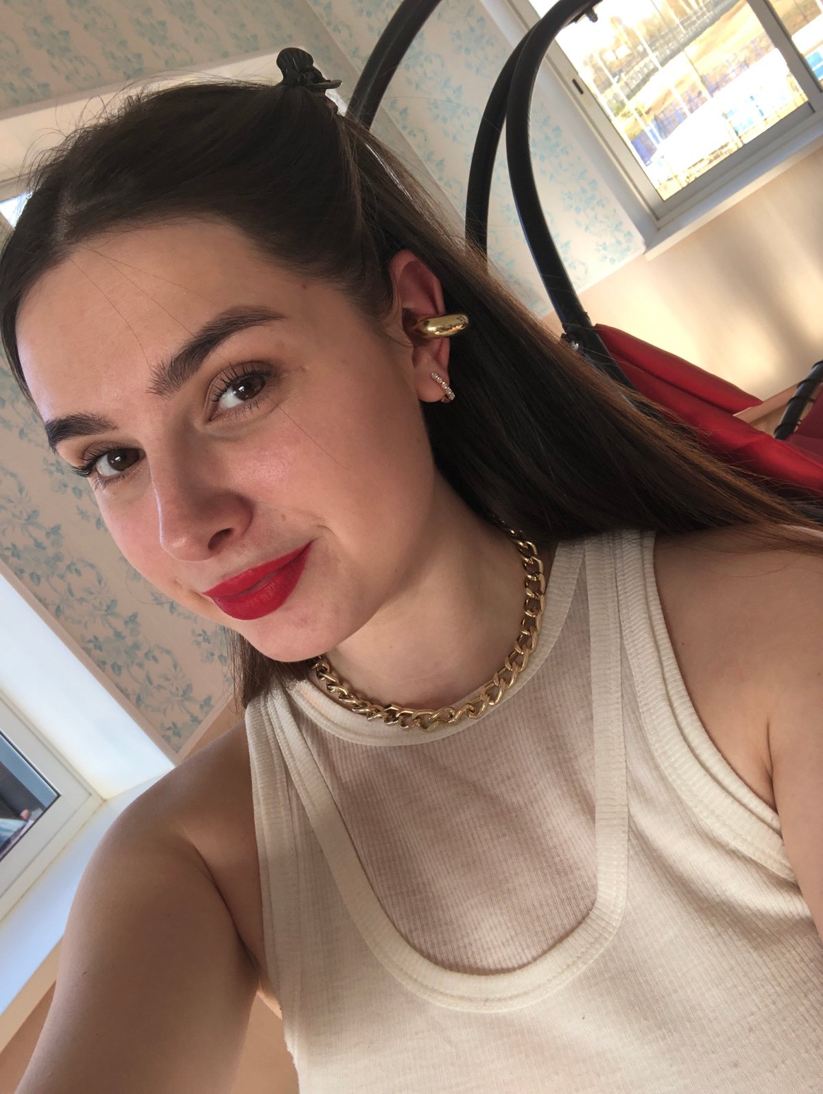 Woman takes selfie photo session in Noviy, Russia
