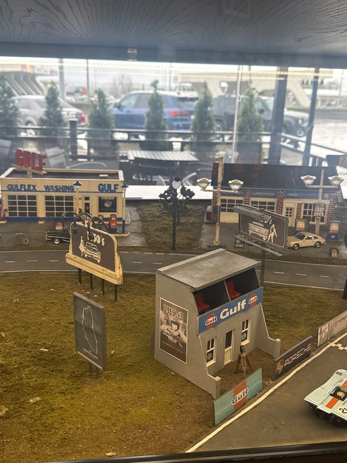 Vintage racing diorama with Gulf station documented in Georgia