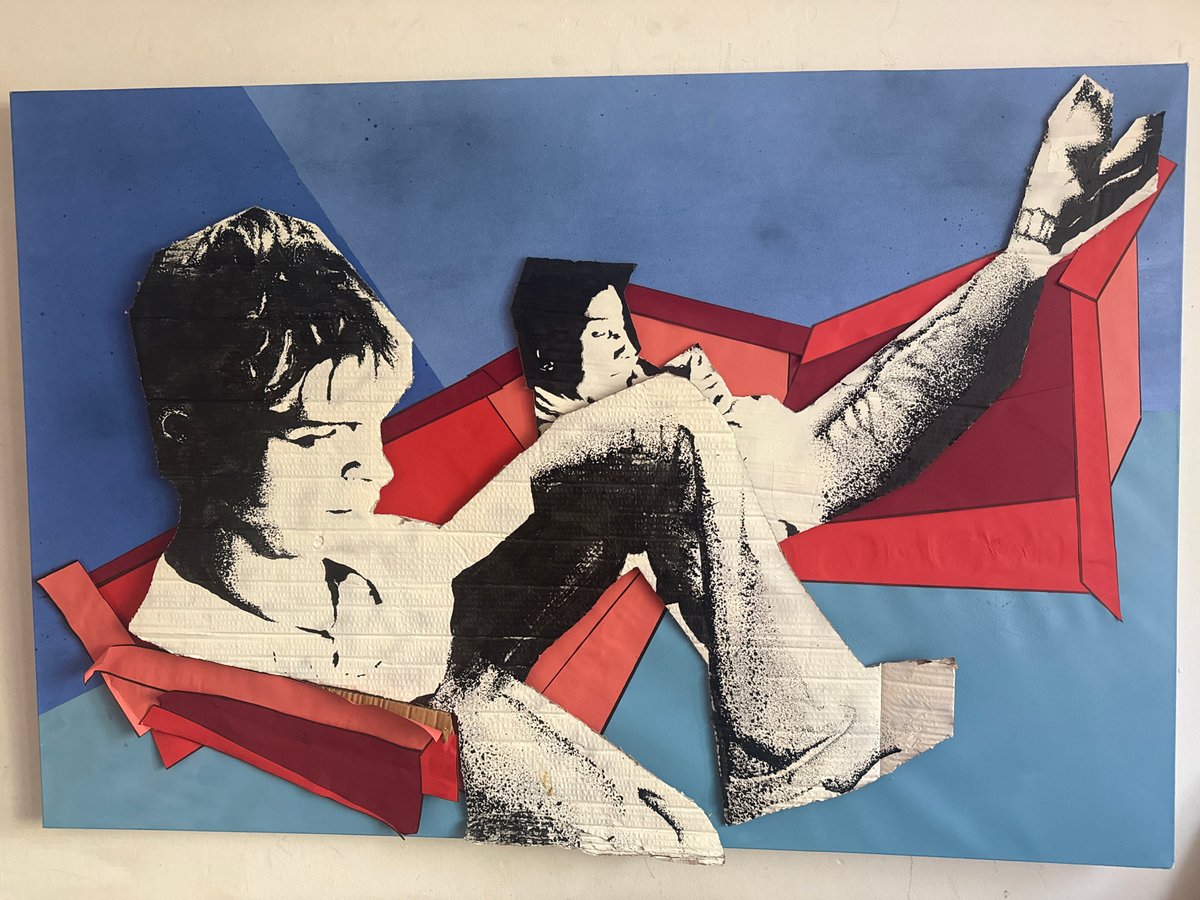 Mixed-media collage artwork with reclining figures observed in London