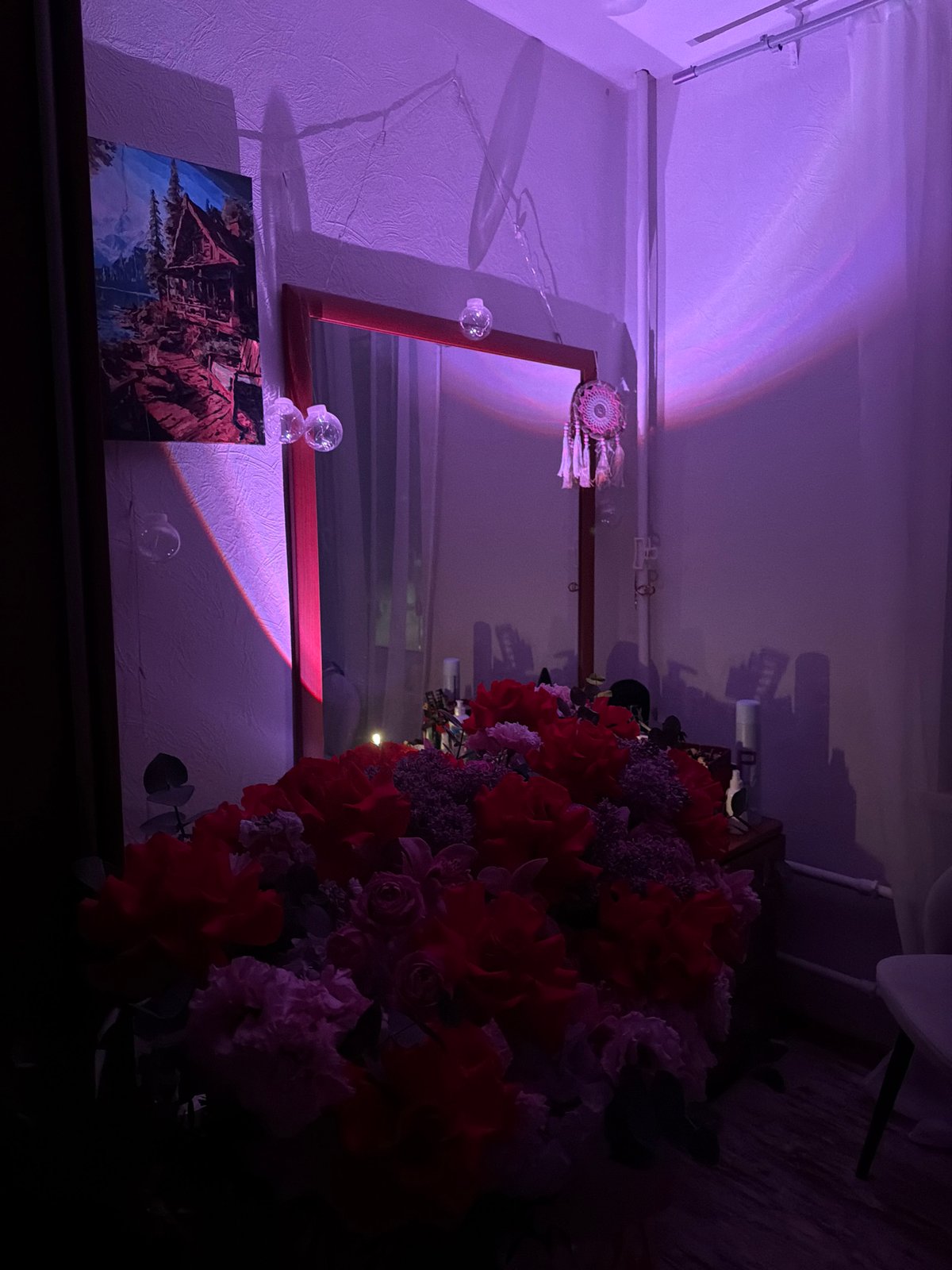 Moscow resident documents purple-lit indoor scene with decorative elements