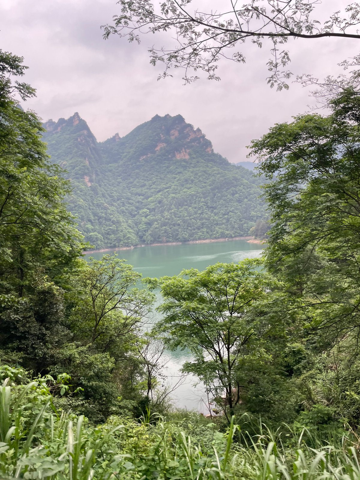 Tourist captures scenic lake views in Wulingyuan mountains