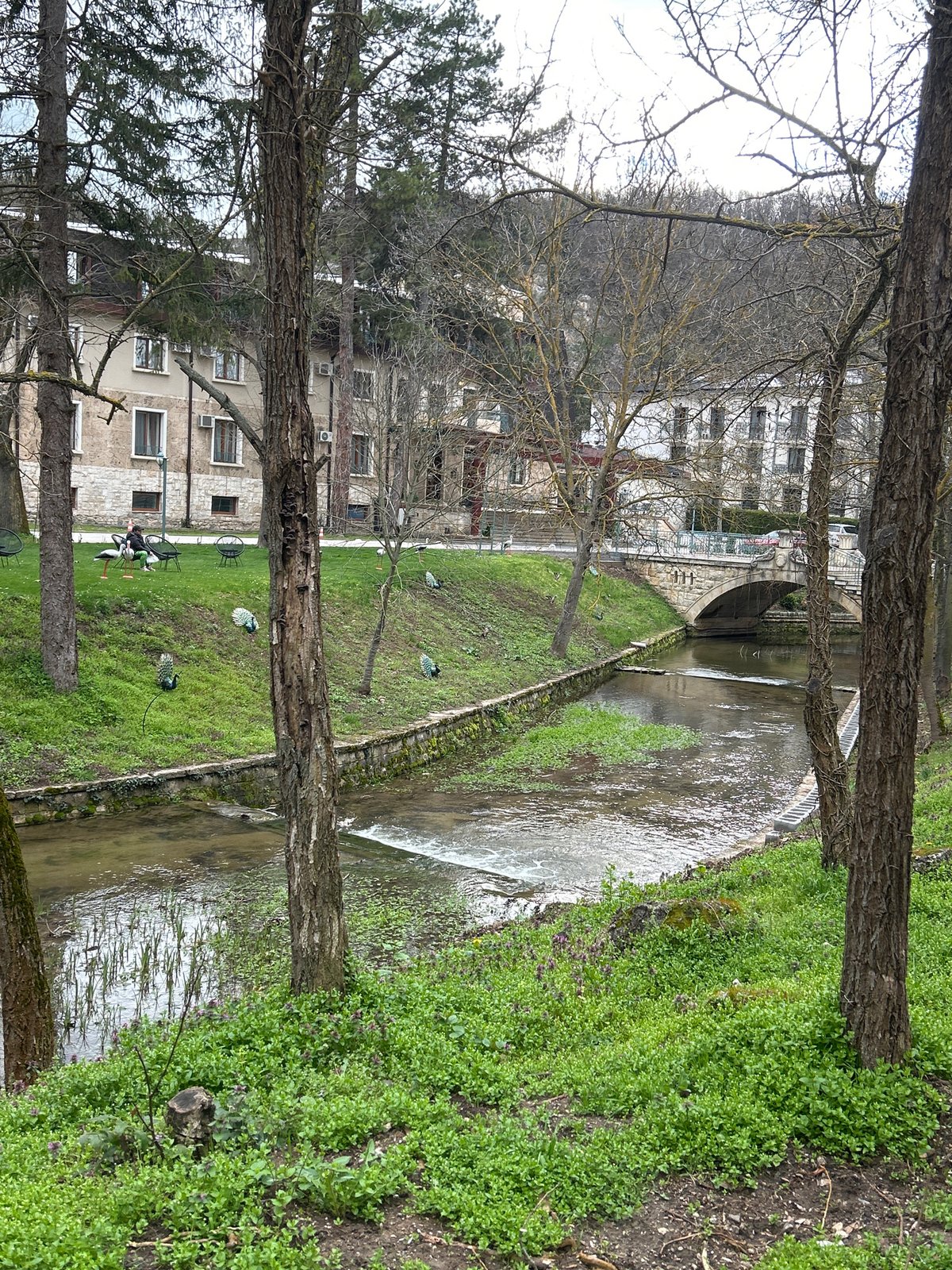 Stone waterway observed flowing through park setting in Pleven