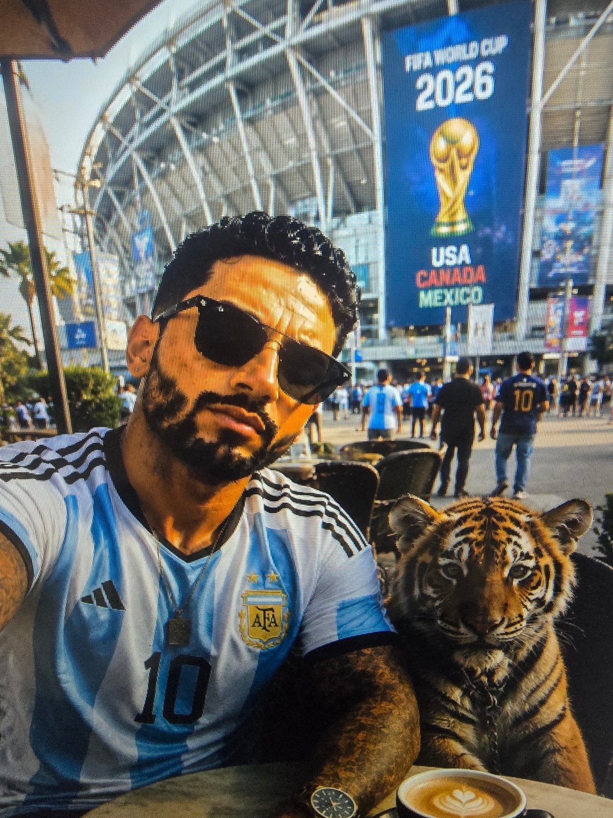 Argentina jersey, stadium crowd, and a tiger