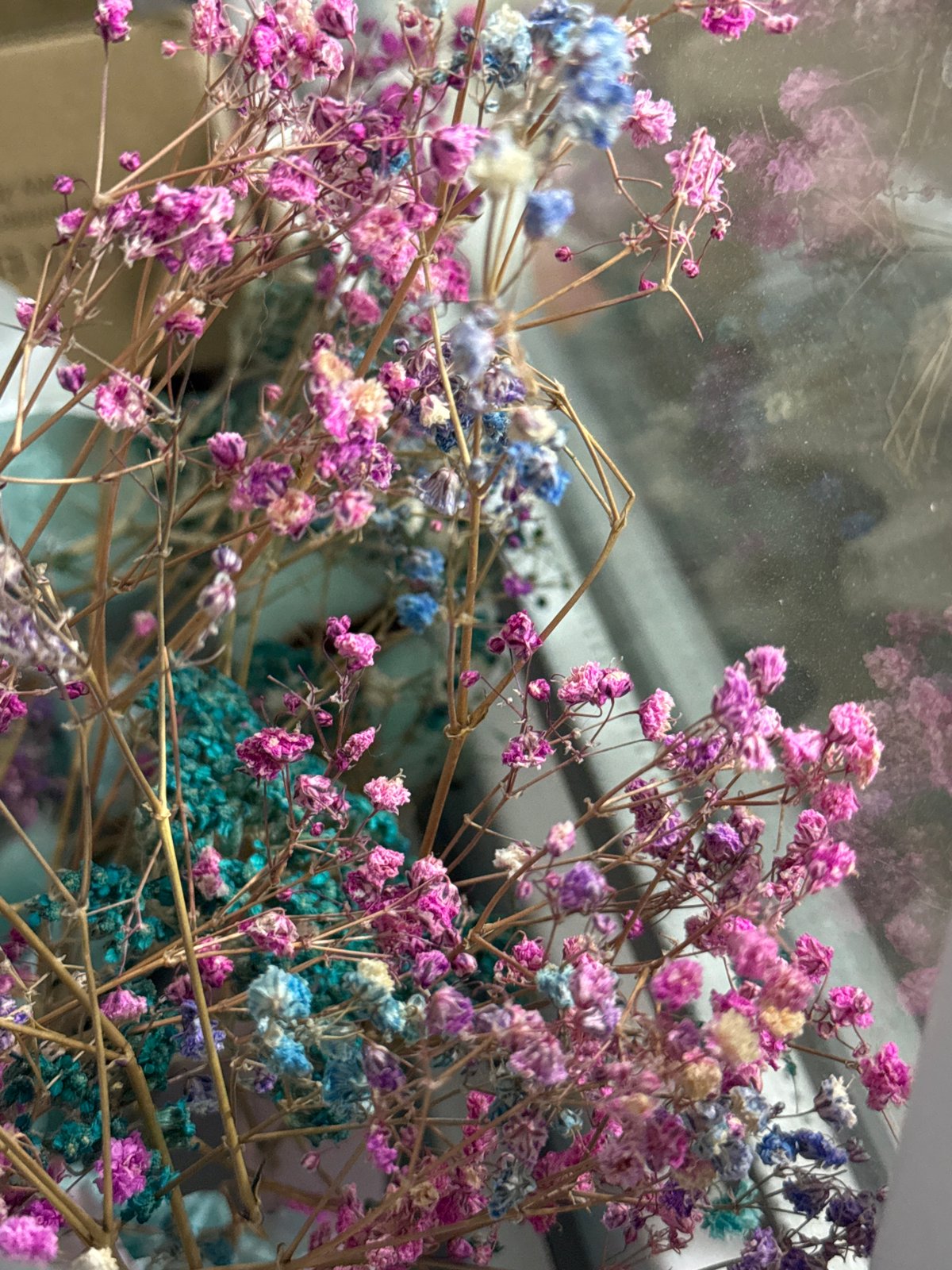 Colorful dried baby's breath bouquet, shot from multiple angles indoors
