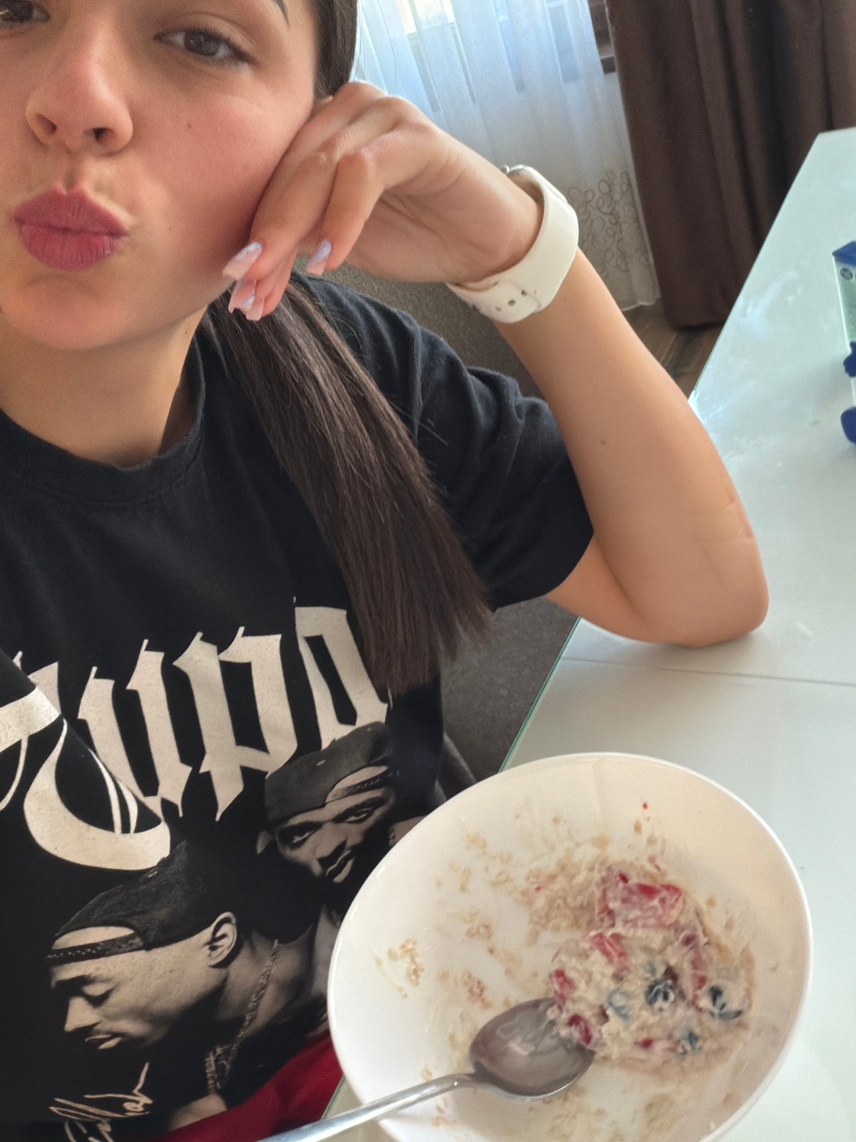 Morning meal and bathroom selfies captured in Gabrovo, Bulgaria