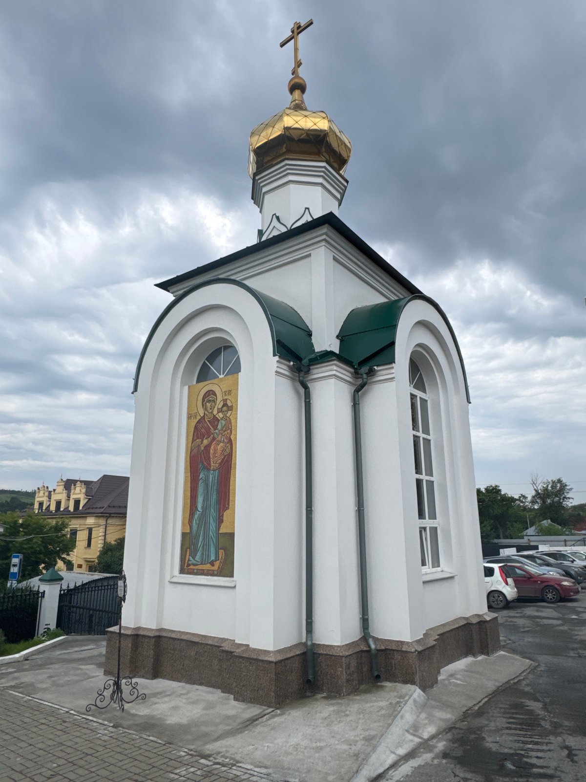 Orthodox church grounds in Yekaterinburg on a cloudy morning