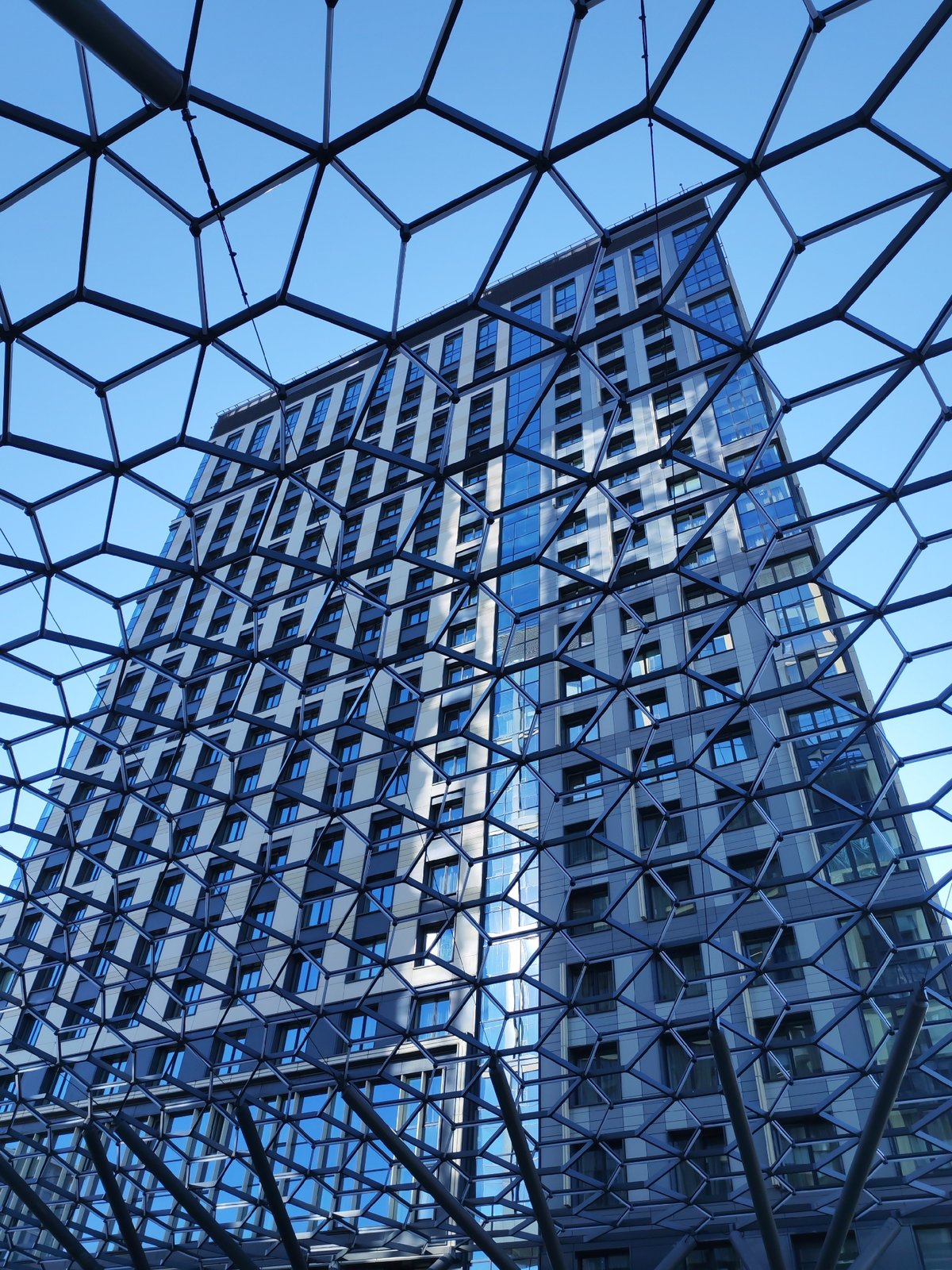 Moscow skyscraper framed through a hexagonal metal structure