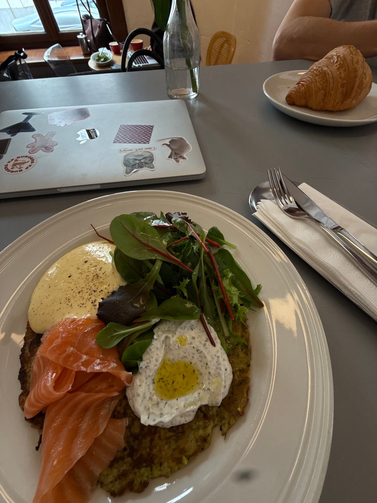 Latke dish with salmon photographed in Belgrade