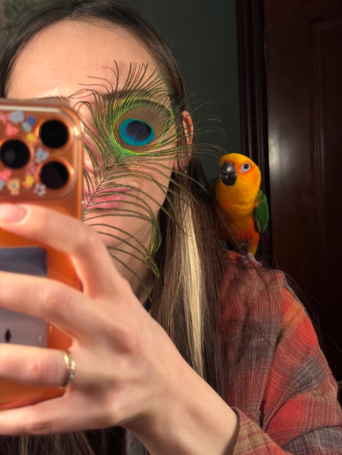 Woman, child play with colorful parrot during afternoon in Khimki