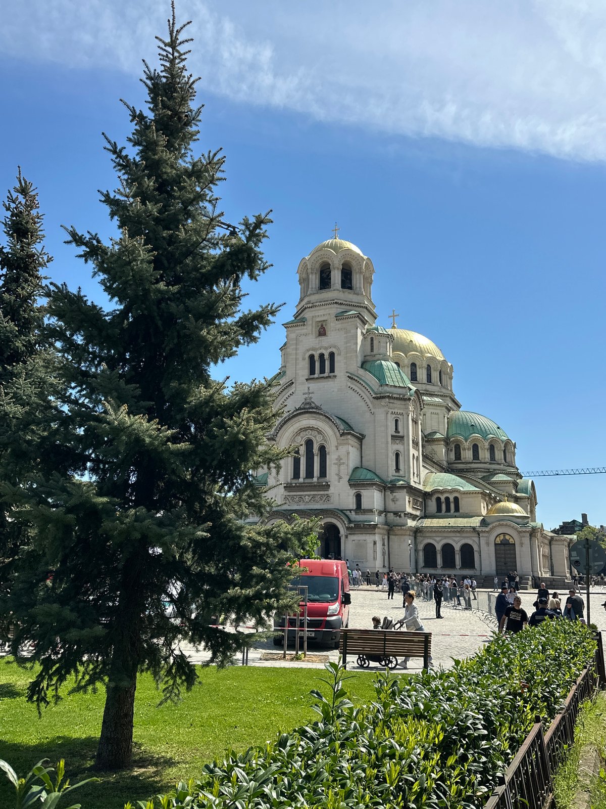 Military parade marches through Sofia near Alexander Nevsky Cathedral