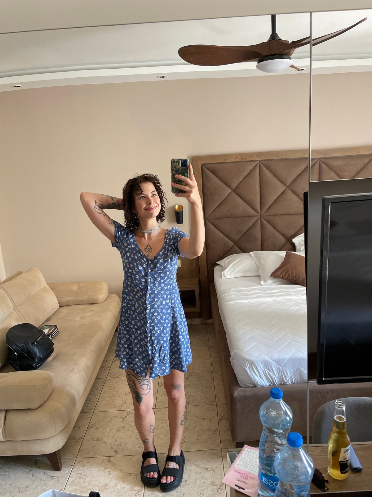 Hotel mirror selfie in Donji Štoj, Montenegro summer trip.