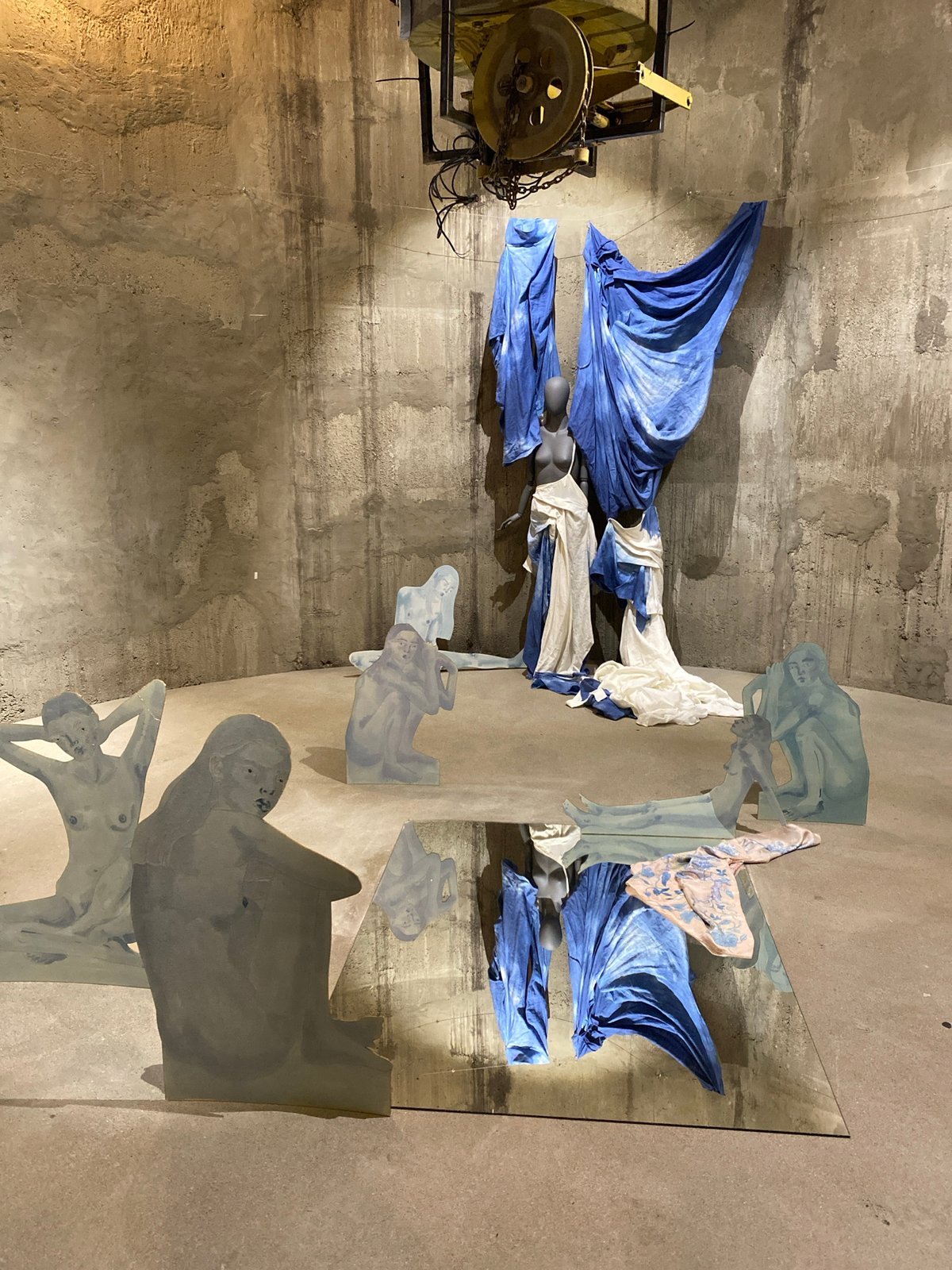 Art installation with mirror, draped materials observed in Belgrade