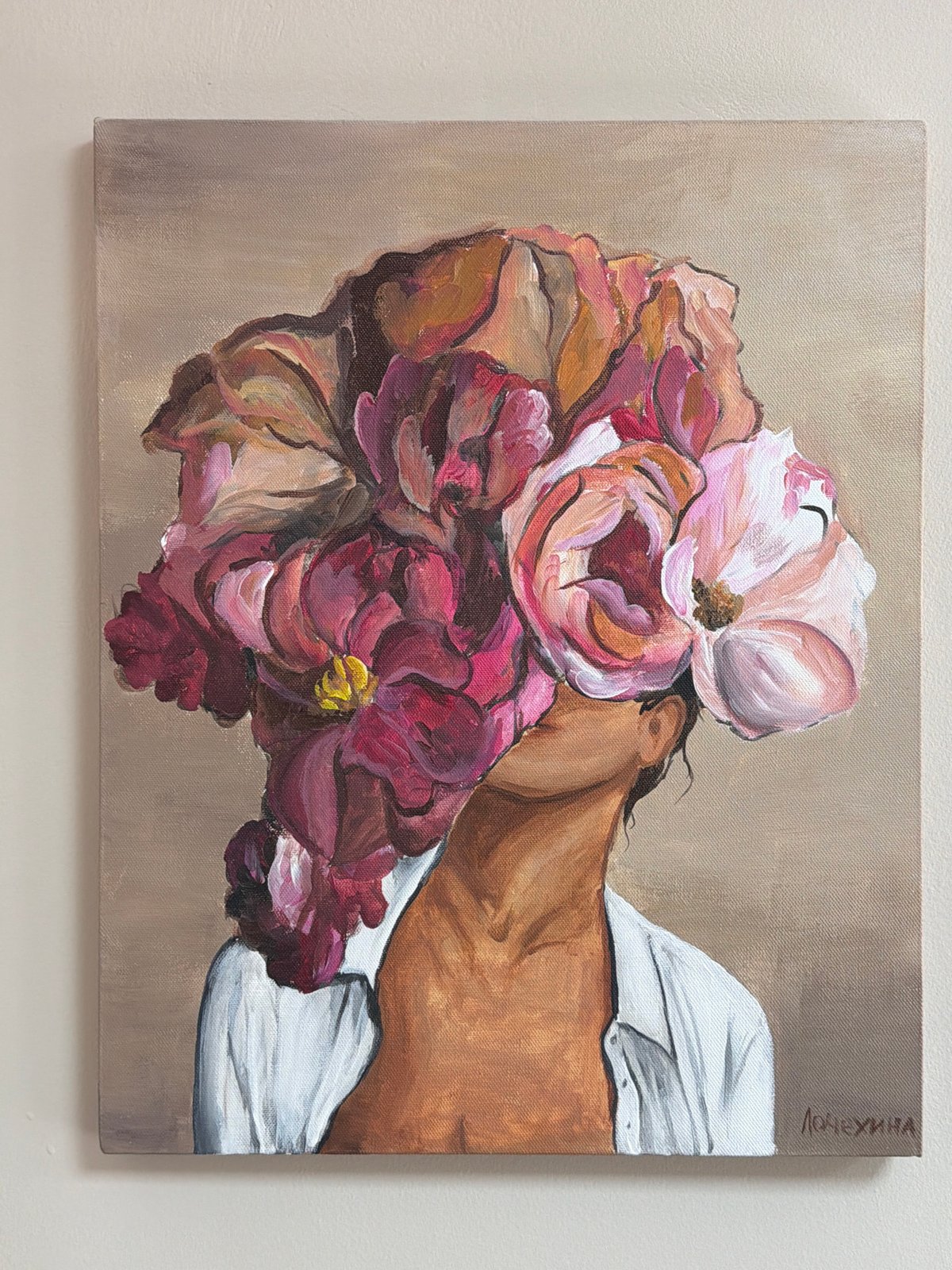 Canvas painting of figure among flowers observed in Krasnoyarsk