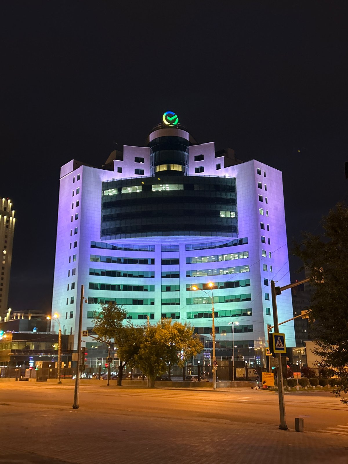 Nighttime illumination captures modern and historic Yekaterinburg architecture
