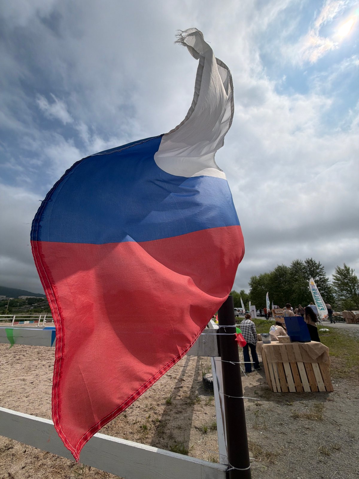 Community gathering at an equestrian grounds in Теплоозёрск, Russia
