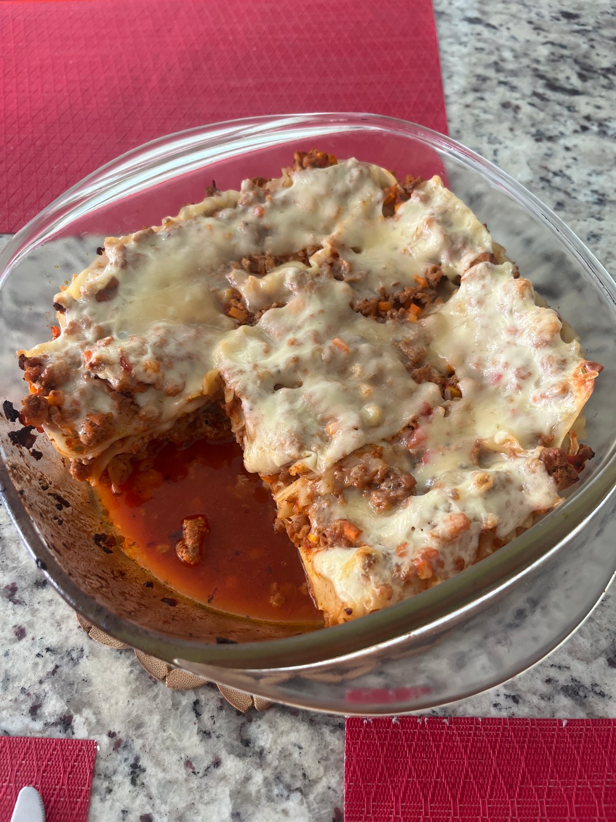Homemade lasagna prepared in Mexican neighborhood kitchen