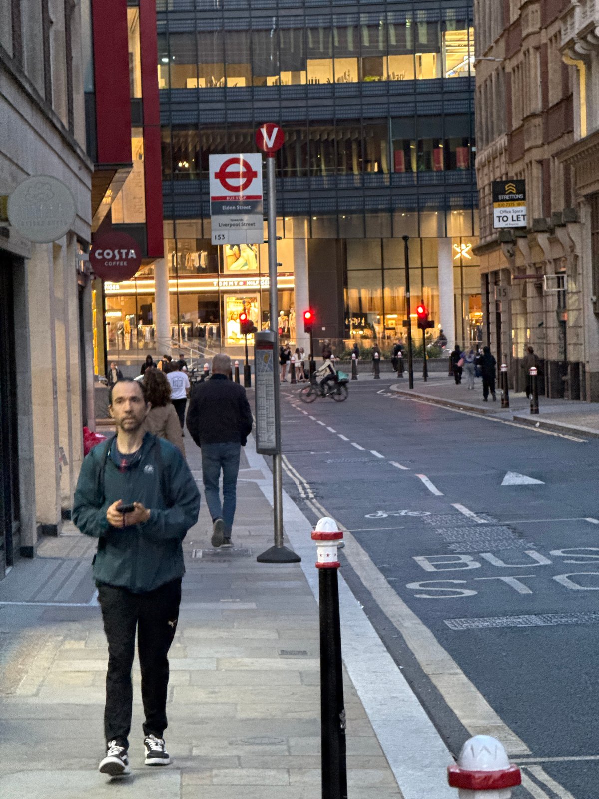 London street scenes captured near Costa Coffee and colorful buildings