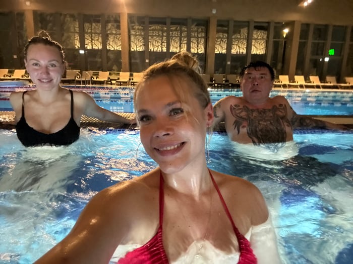 Friends enjoy winter evening at Russian spa facility