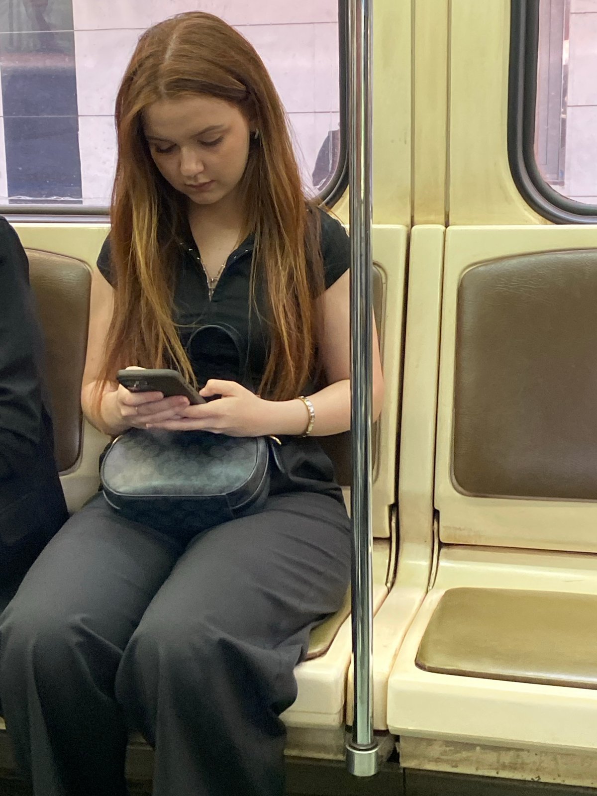 Transit passengers observed during afternoon commute on subway car