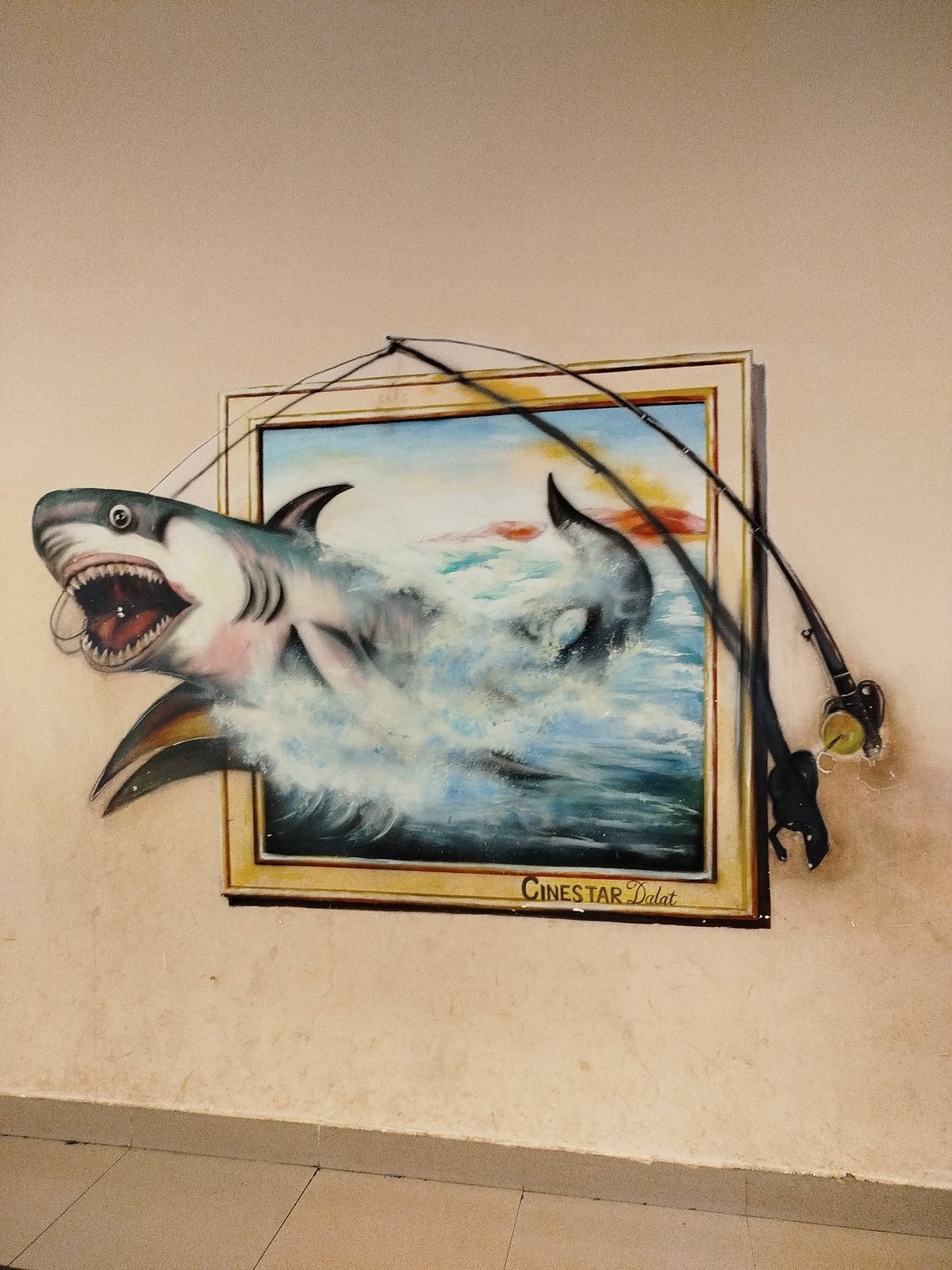 Trompe-l'oeil shark and dinosaur artworks documented at unknown location