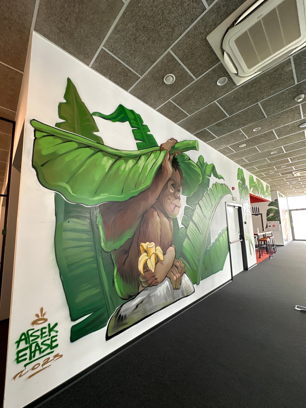 Tropical-themed street art documented inside Varna building