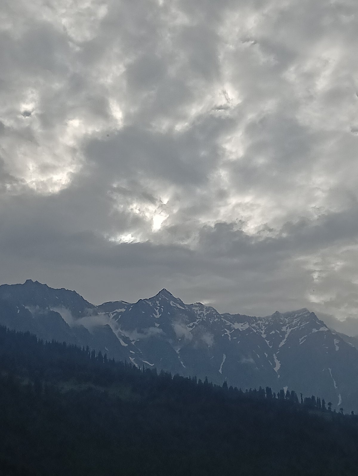 Snow-capped Himalayan peaks under brooding skies near Vashisht