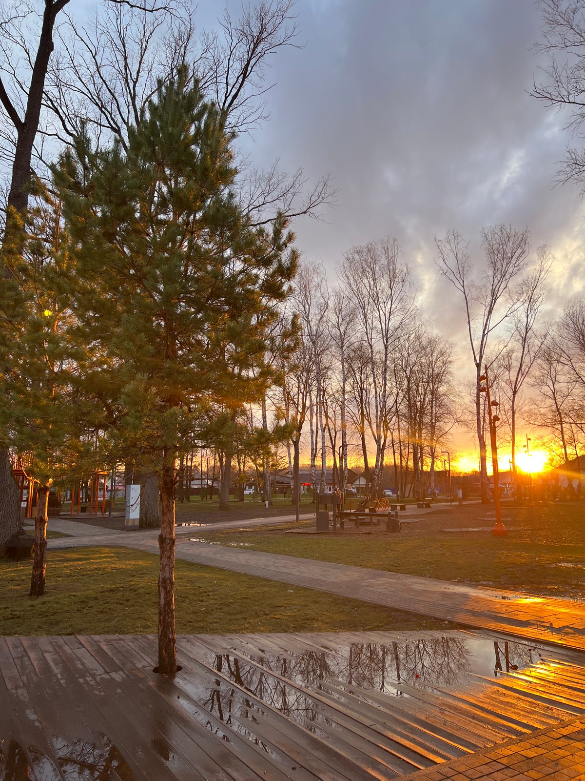 Sunset park scene captured in Ufa with swings, trees