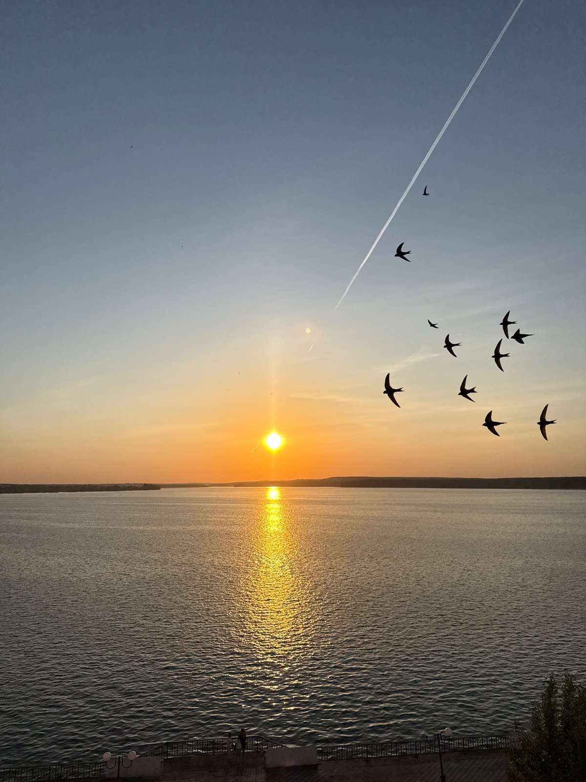 Sunset captured over Votkinsk Reservoir with birds and contrail