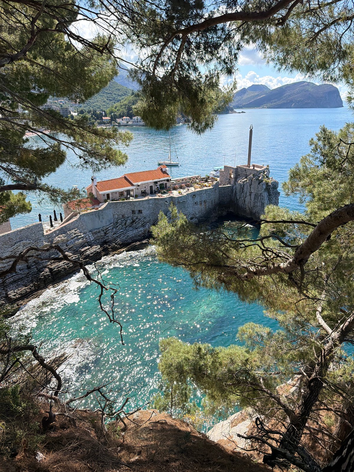 Woman and dog enjoy morning clifftop view in Montenegro